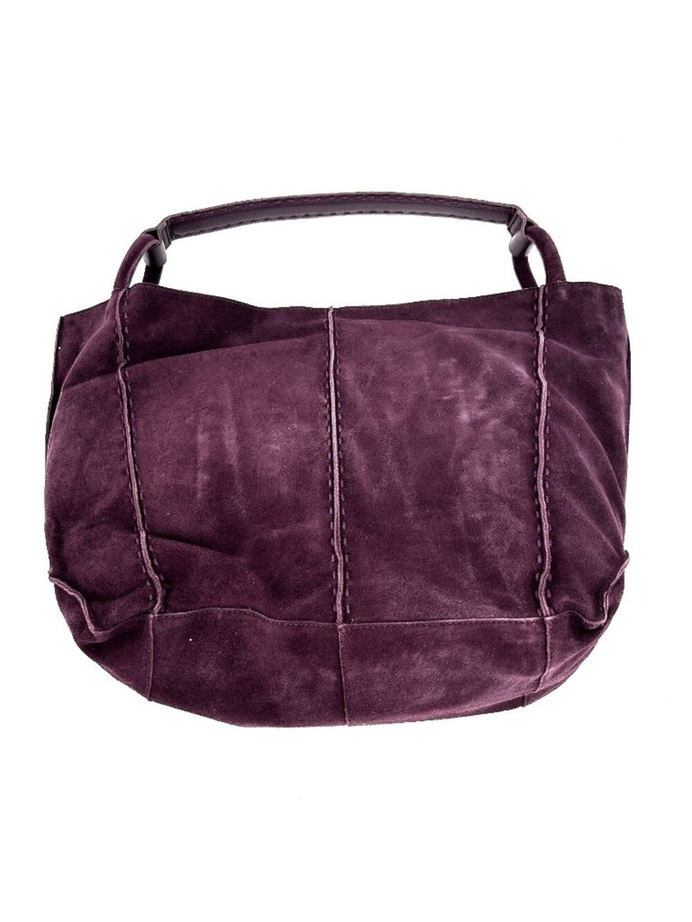 The Sak Los Feliz Tote Aubergine Suede Snap Shoulder Strap Silver Lined Slouchy
